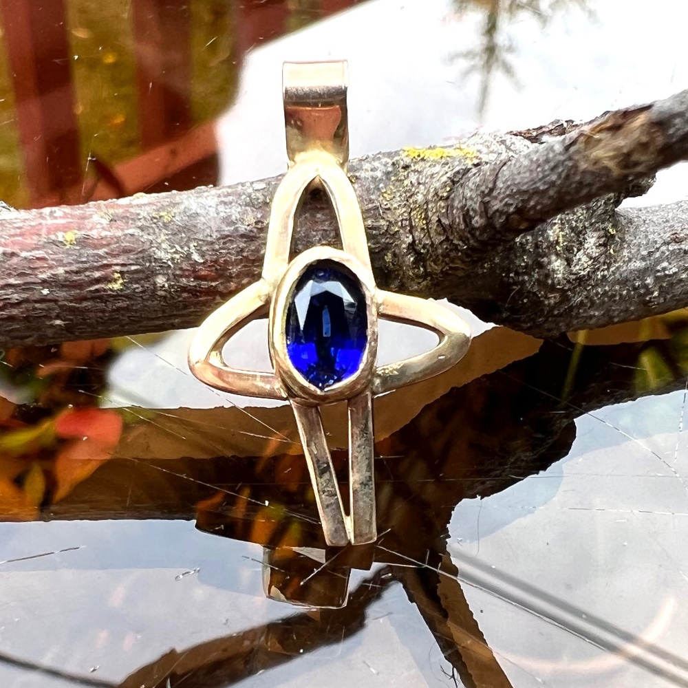 Blue Sapphire Cross Pendant Solid 14K Gold, September Birthday - no chain